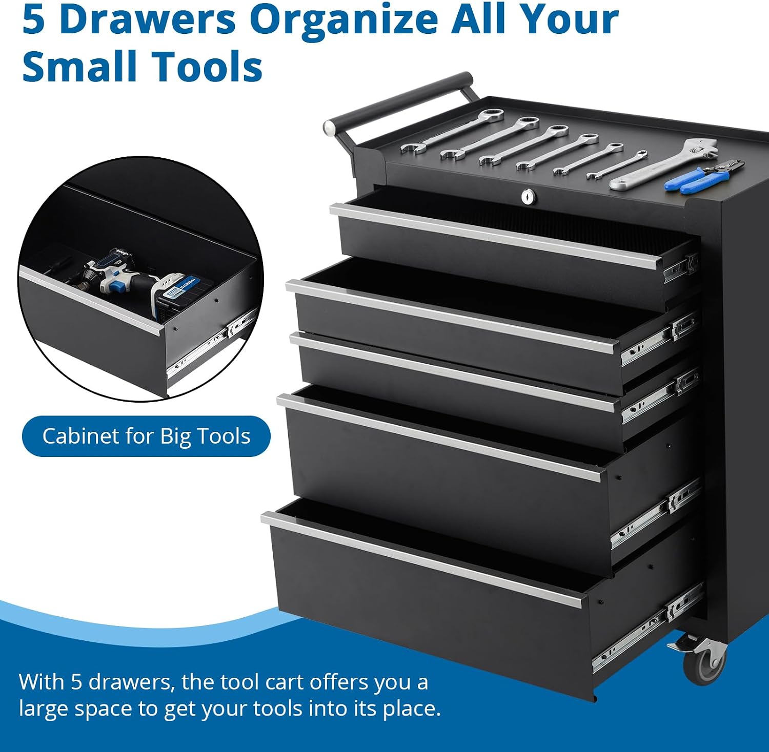 5-Drawers Rolling Tool Chest, Tool Storage Cabinet Organizer with Wheels and Lock System, Portable Toolbox Cart for Garage, Warehouse, Workshop & Repair Shop