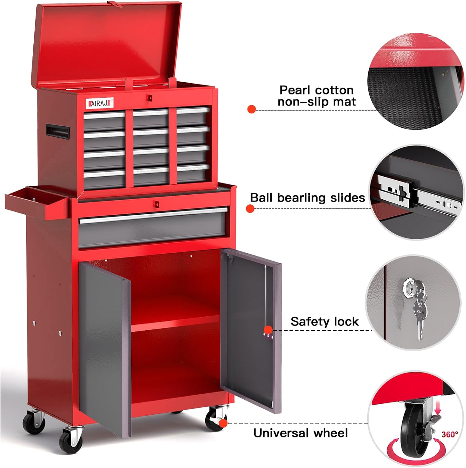 AIRAJ 7-Drawer Tool Chest with Wheels | 40'' H Rolling Tool Chest | Detachable Top Metal Tool Box | Garage Storage Cabinet for Repair Room | Rolling Tool Box with Hooks,Liners,Tray Divider | Red