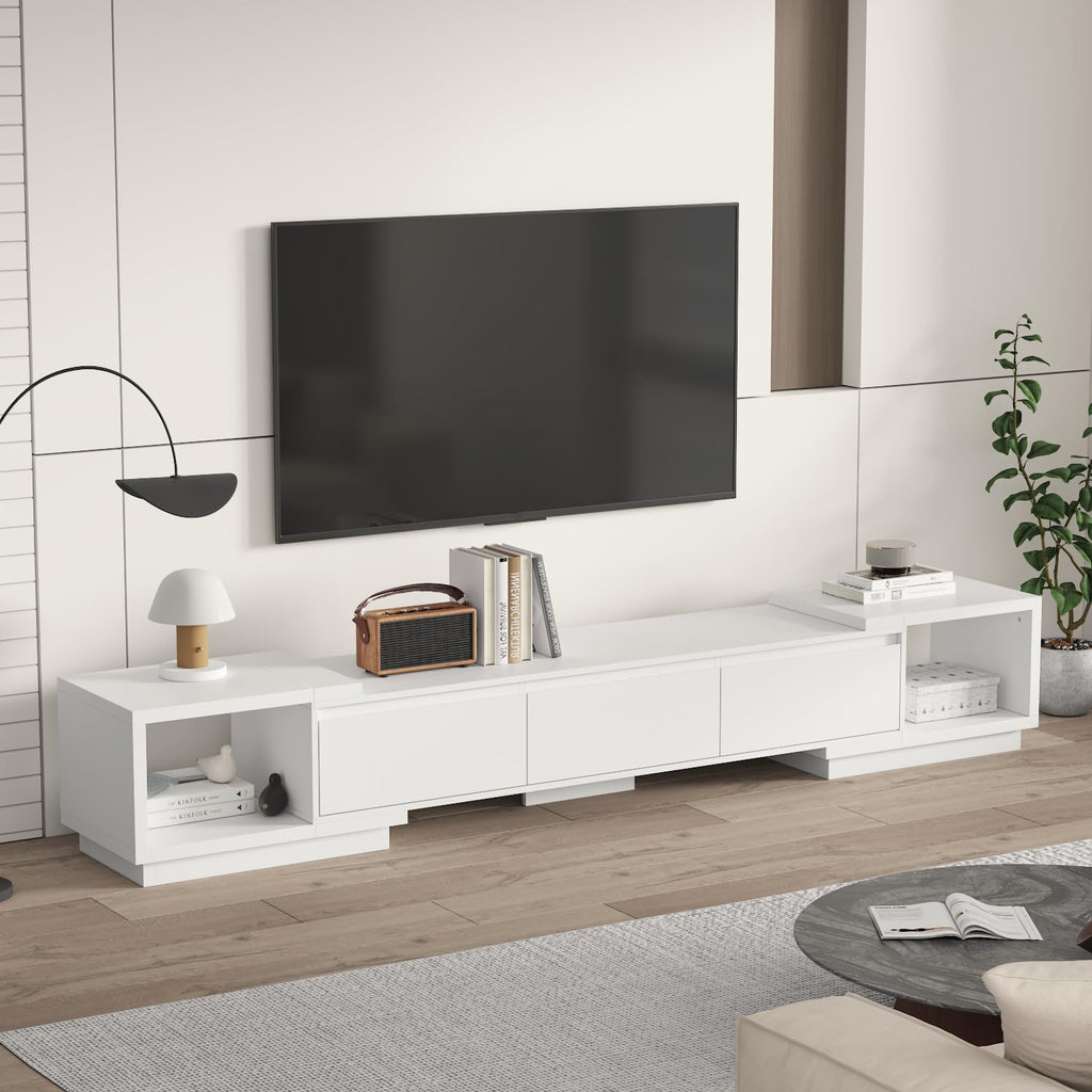 AIEGLE Deformable TV Console with 3 Drawers, Modern Extendable TV Stand in Stretch of 65'-106' Wide, Wood Media Gaming Entertainment Center, White
