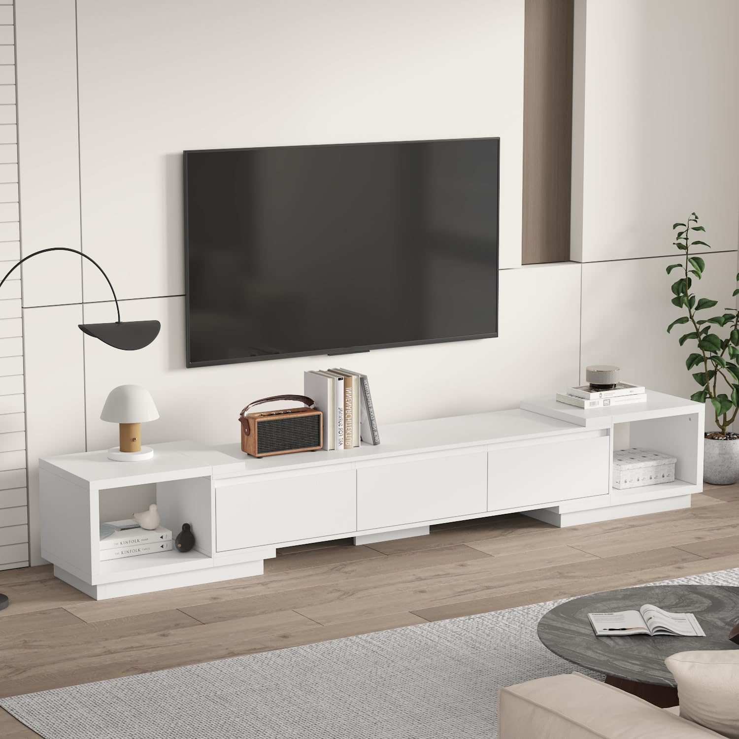 AIEGLE Deformable TV Console with 3 Drawers, Modern Extendable TV Stand in Stretch of 65'-106' Wide, Wood Media Gaming Entertainment Center, White