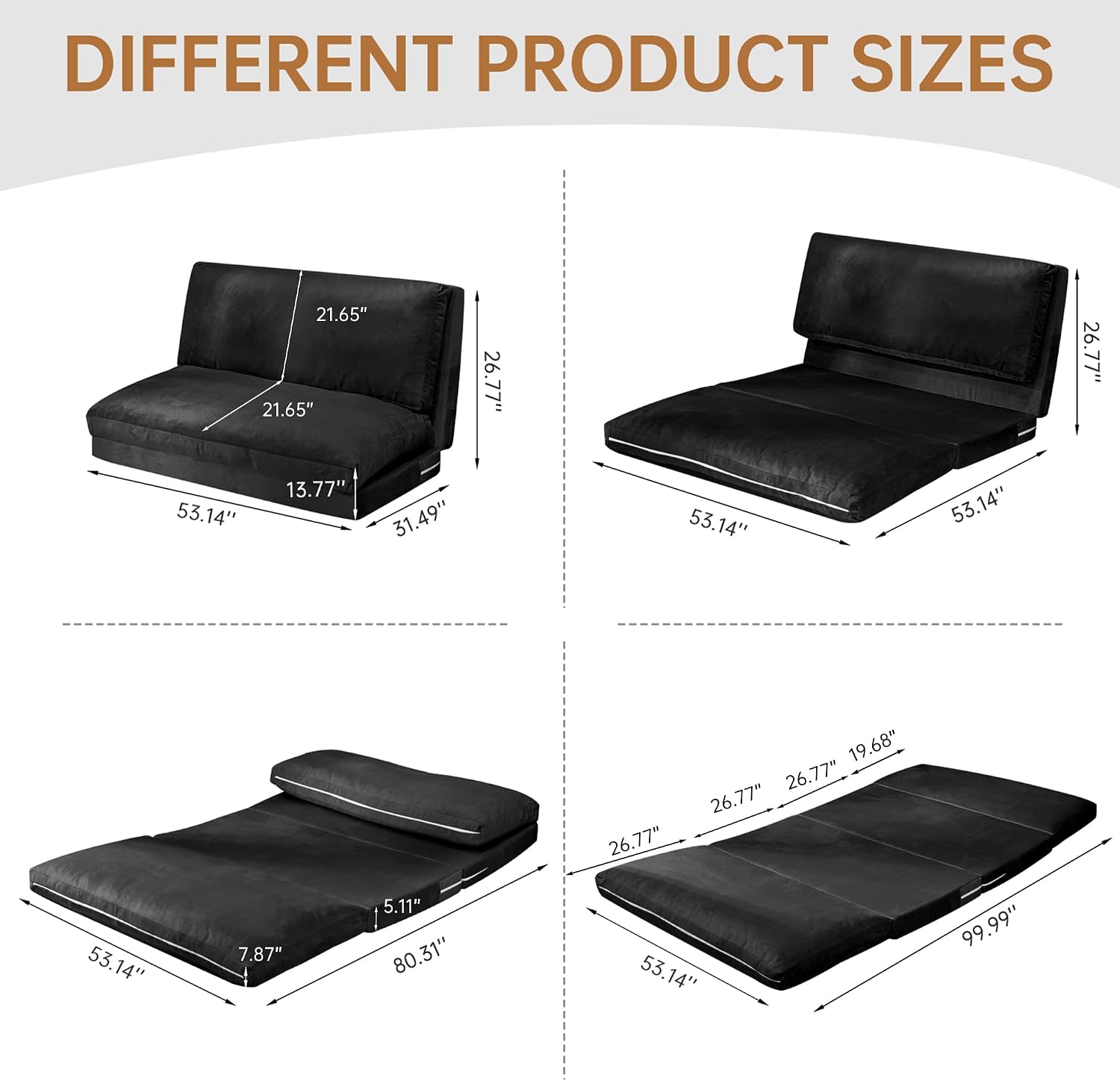 Cvortll 4-in-1 Folding Sofa Bed, Memory Foam Bean Bag Chair, Large Convertible Couch, Floor Foldable Sofa for Bedroom, Living Room, Apartment (Black-Large)