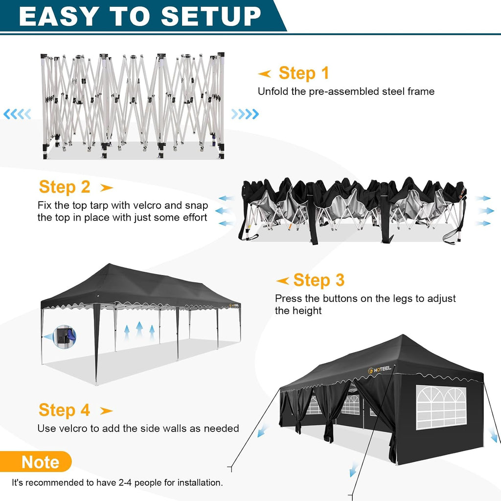 HOTEEL Party Tent 10x30 Pop Up Canopy with 8 Sidewalls, Waterproof UPF50+ for Backyard and Events, Easy Setup with Wheeled Bag & 4 Weight Bags, Extra Height, Black