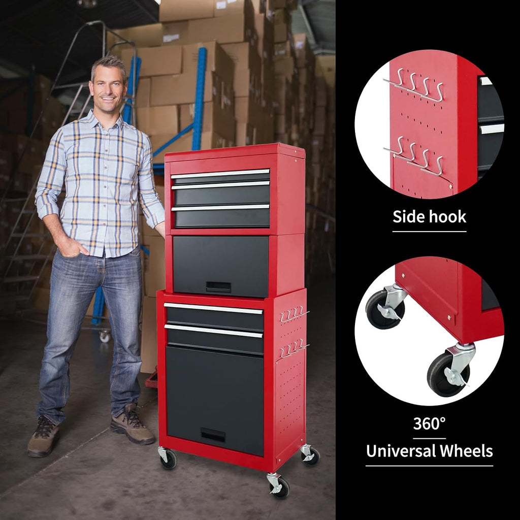 Rolling Tool Chest, 3-in-1 Detachable Metal Tool Box with Wheels & Drawers, High Capacity Toolbox Organization Sliding Drawers Garage Storage Box Cabinet Tools Cart for Warehouse Workshop