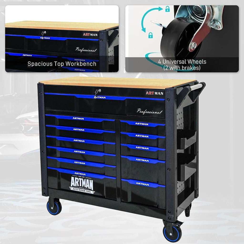 Rolling Tool Chest on Wheels, Heavy Duty Metal Tool Cabinet Chest with 12 Drawers, Wooden Workbench Top, Large Tool Cart for Warehouse, Garage, Workshop, Repair Shop, Tool Organizer Chest