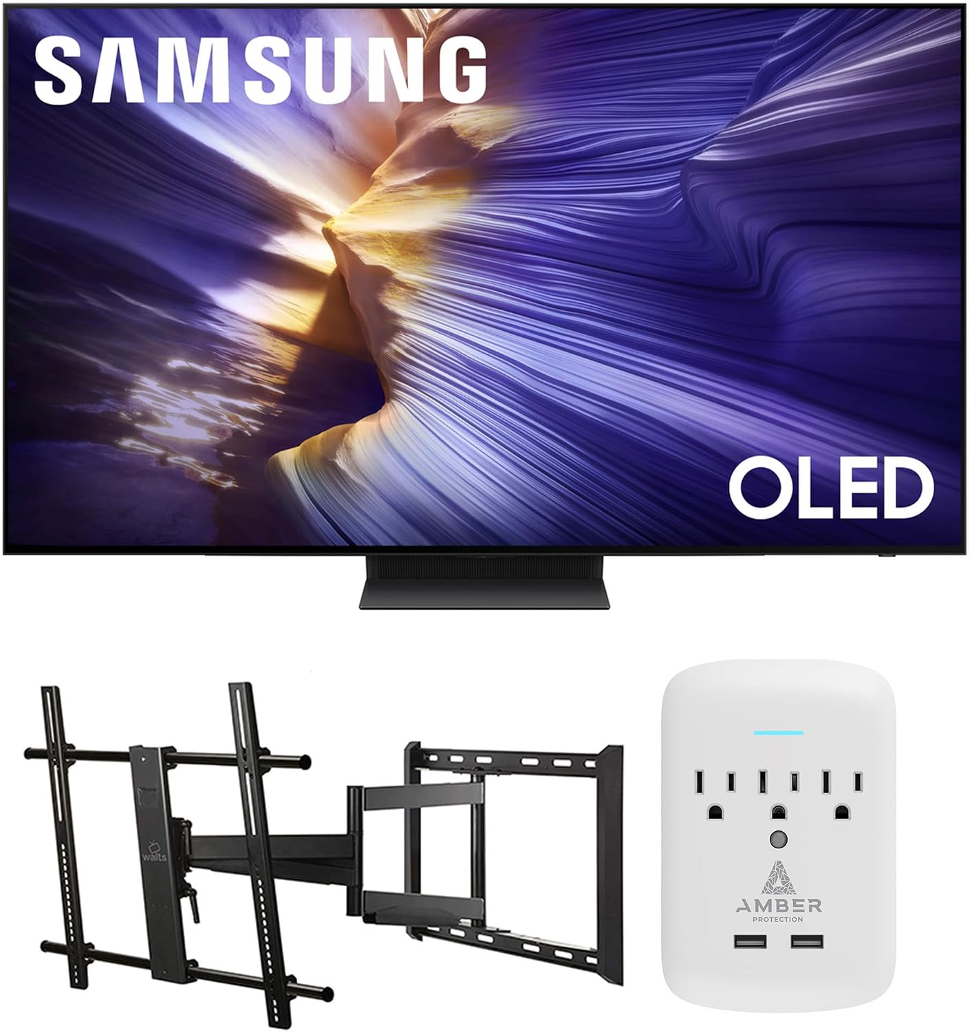 Samsung QN65S90FAFXZA 65 Inch 4K OLED Smart TV with a Walts Large/Extra Large Full Motion Mount for 43'-90' TVs and Amber Protection 3-Outlet-Surge Surge Protector (2025)