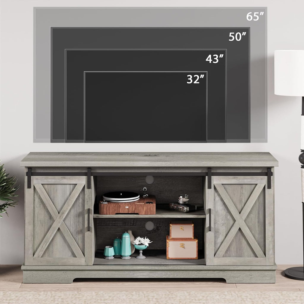 Farmhouse TV Stand for TVs up to 65', Modern Entertainment Center with Sliding Barn Doors & Adjustable Shelves, TV Console for Living Room, Heavy Duty 220lbs Load (Grey)