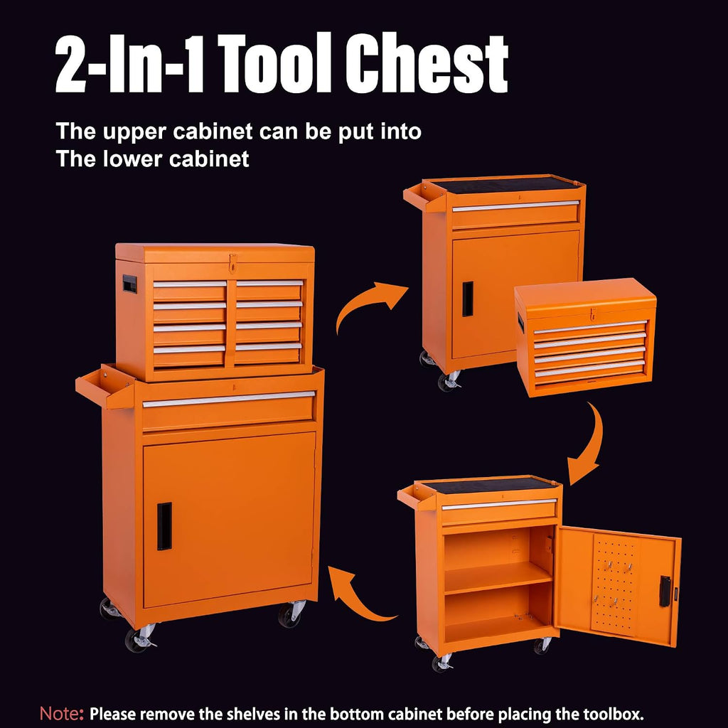5 Drawers Tool Cart with Wheels & 1 Cabinet,Detachable Portable Top Box,Lock Rolling Tool Chest Trolley Organizer Set,Multifunctional Tool Box w/Storage Lockers for Garage & Workshop(Orange)