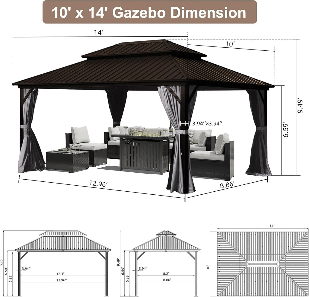 Hardtop Gazebo 10x14FT, Aluminum Outdoor Gazebo with Galvanized Steel Double Roof Canopy, Curtains and Nettings, Metal Gazebo Permanent Pavilion for Patio Wedding, Party, Outdoor Dining, Brown