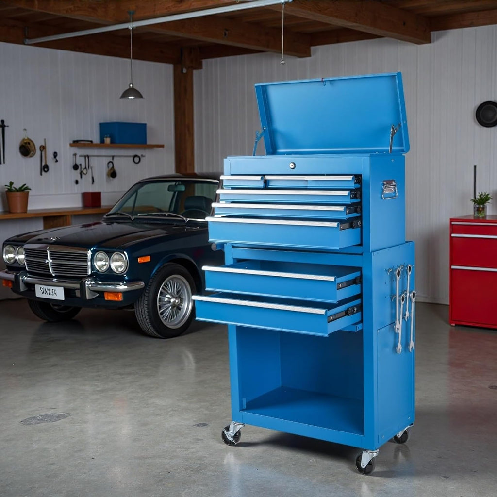 Tool Chest, 8-Drawers Rolling Tool Storage Cabinet with 2-in-1 Detachable Tool Box, Liner, Lockable Wheels, Side Hooks, Multifunctional Metal Tool Cart for Garage Workshop, Blue