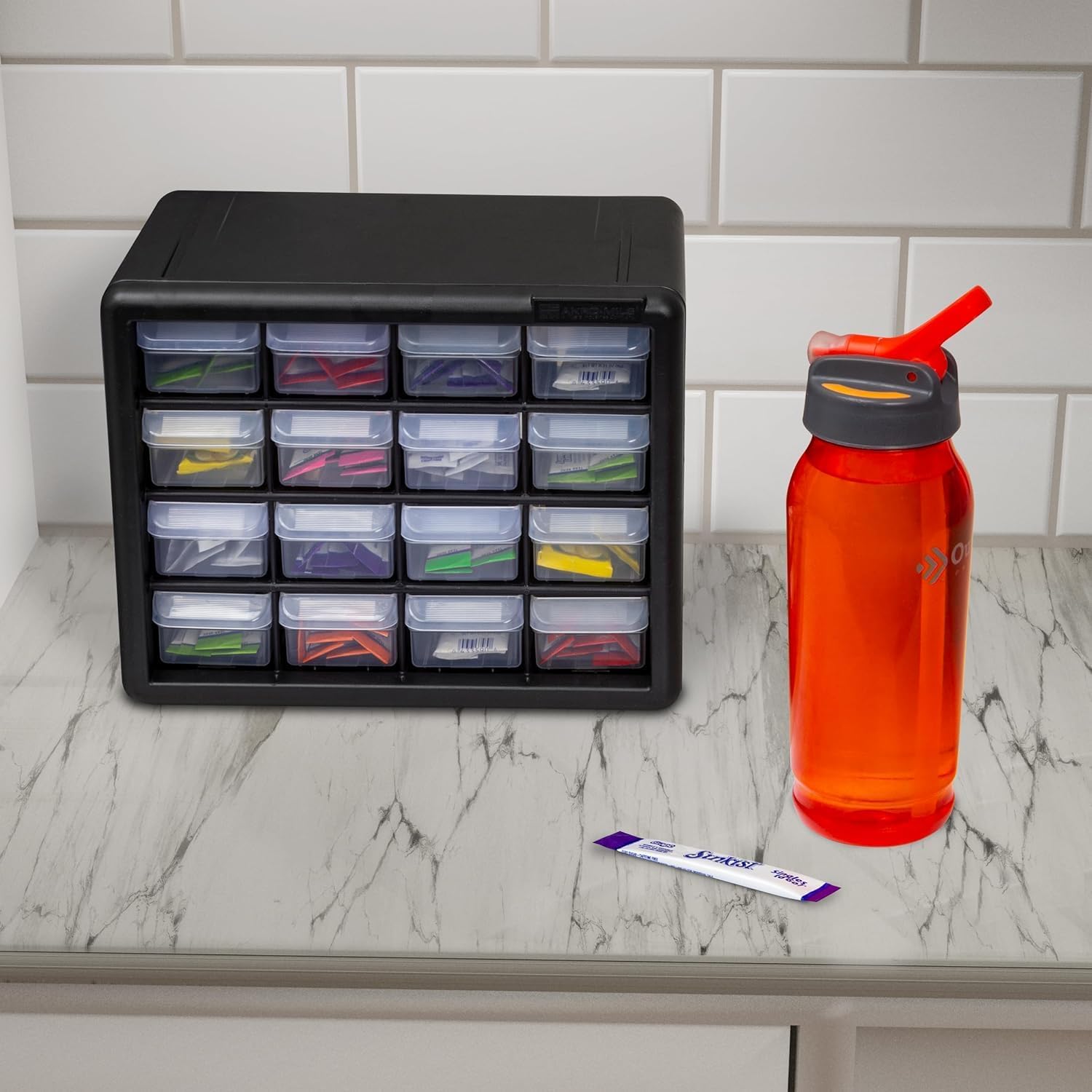 Akro-Mils 16-Drawer Plastic Cabinet for Garage Organization, Beads, Makeup Organizer, Building Bricks Storage, Teacher Toolbox, 10-1/2' W x 6-1/2' D x 8-1/2' H, 10716 Black (Pack of 4)