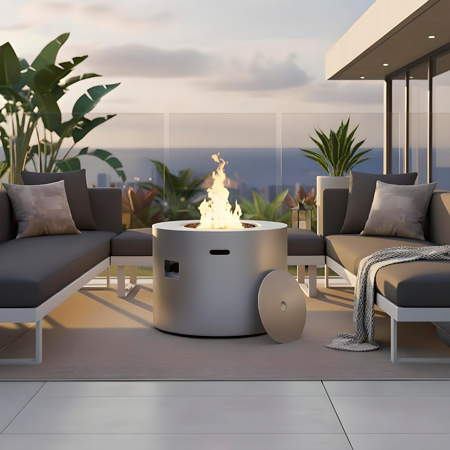 32' Propane Fire Pit Table Round Smokeless w/Lid Alloy Steel Outdoor Gas Firepit Table 50,000 BTUs Includes Lava Rocks and Weatherproof Cover for Wooden Deck Backyard and Pool (Grey)