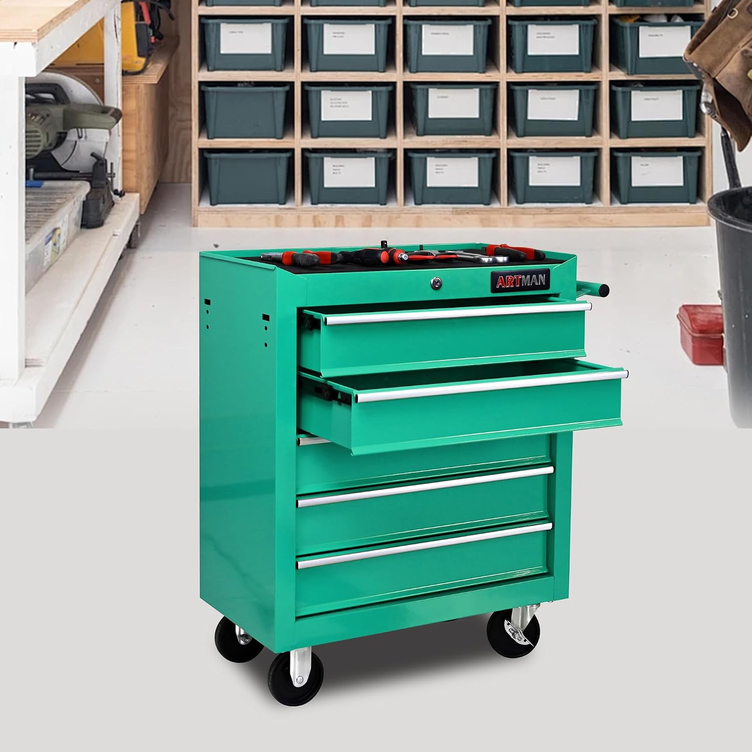 5 Drawers Tool Cart on Wheels, 5 Drawer Rolling Tool Chest with Key Lock, Trolley Organizer Tool Case, Multifunctional Rolling Tool Box for Garage,Warehouse,Workshop,Repair Shop (Green)