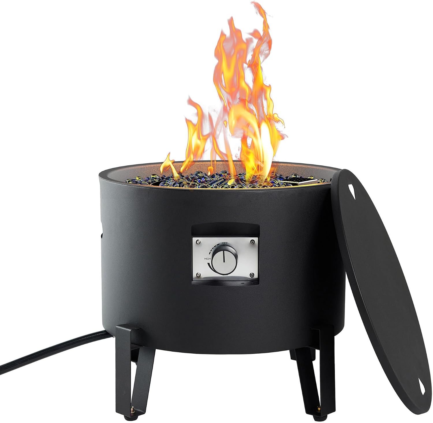 BAIDE HOME Portable Propane Fire Pit for Camping RV 50,000 BTU Round 15'' H x 16'' W Portable Gas Firepit W/Lid, Glass Rocks & Weather Resistant for Outdoors, Propane Extension Hose, Black