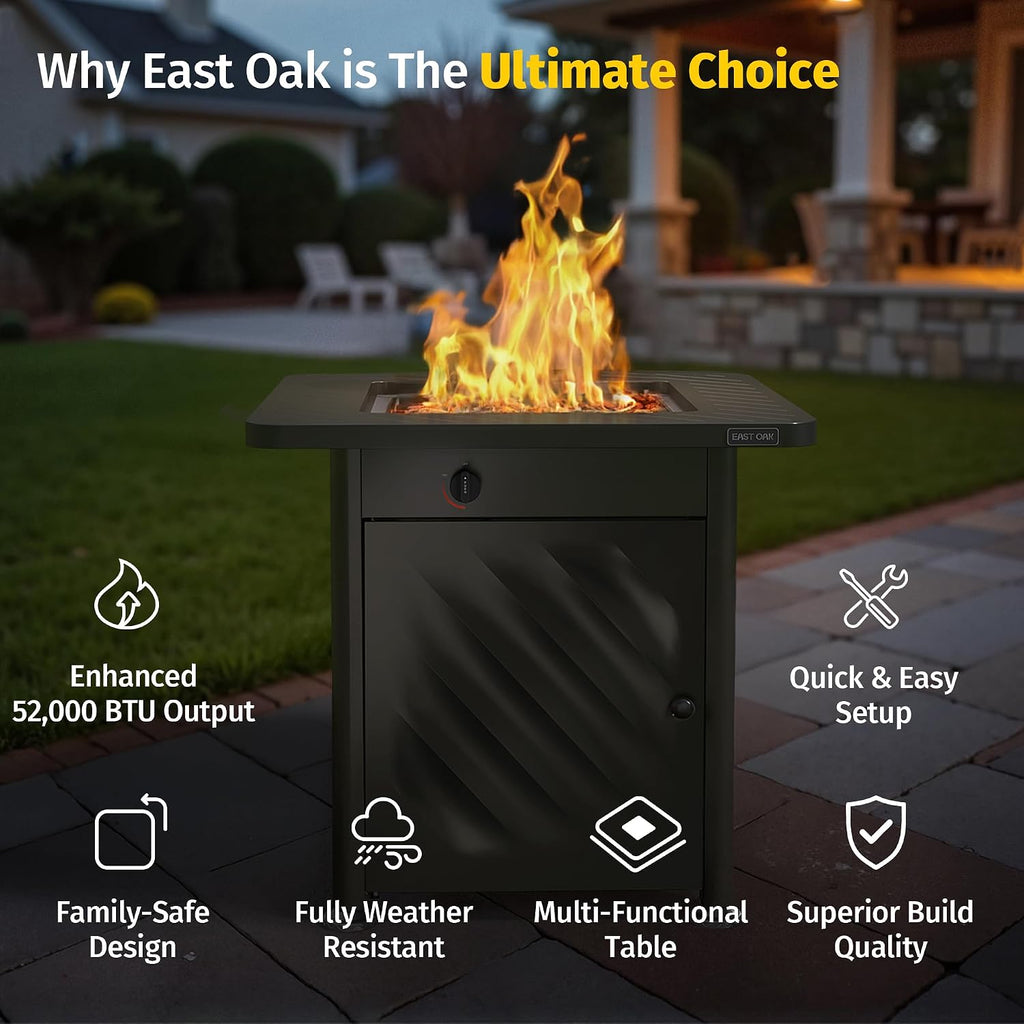 East Oak 28' Outdoor Propane Fire Pit Table | 52,000 BTU Gas Fire Pit for Outside with Easy-Hook Lid, Mesh Pocket & Lava Rocks | CSA Certified | Ideal for Patio, Garden & Backyard | Black