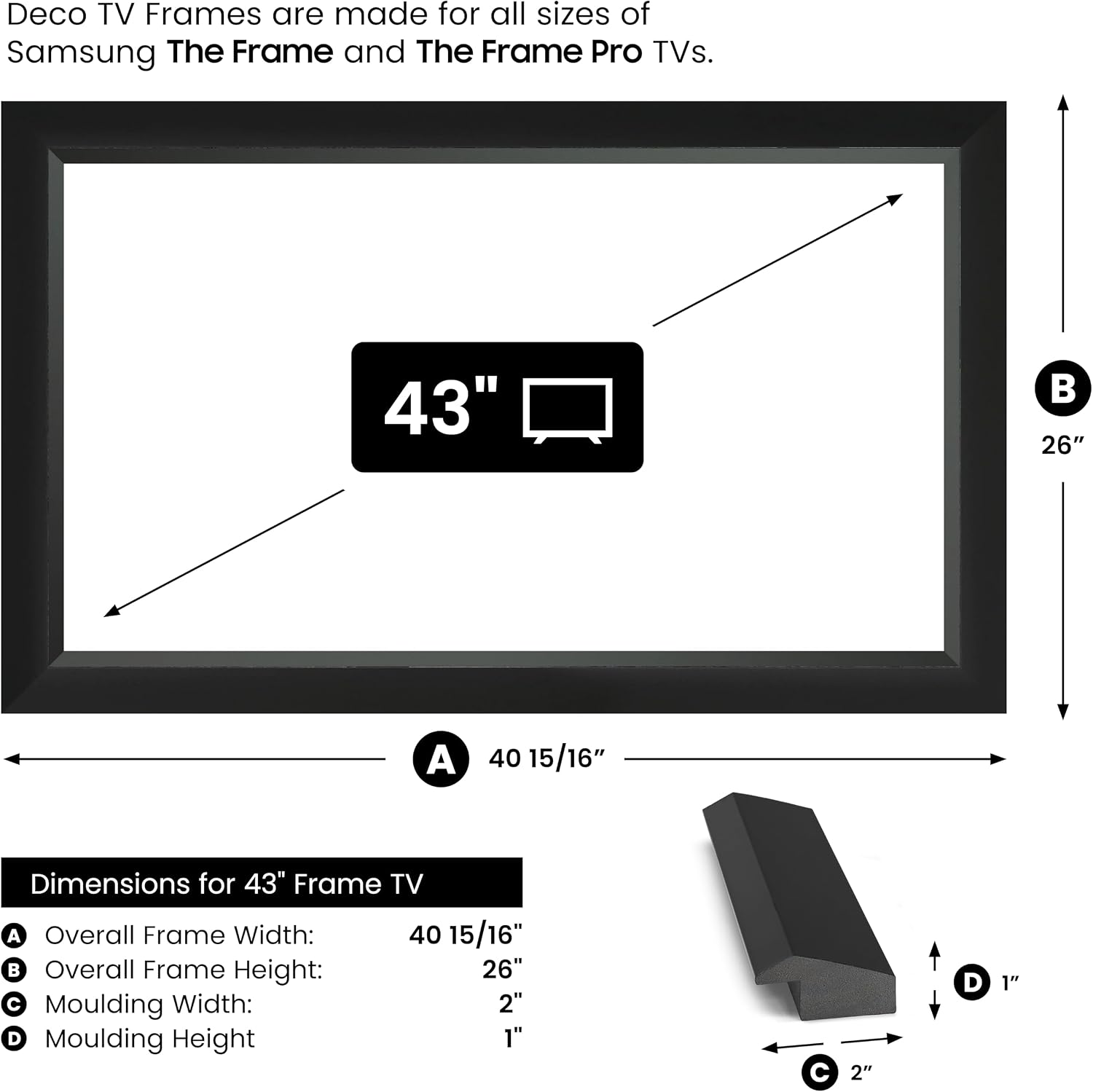 Modern Tuxedo Black 43' Slim Deco TV Frame - Compatible ONLY with Samsung The Frame TVs (Fits 2021-2026, LS03A, LS03B, LS03C, LS03D, LS03FA)