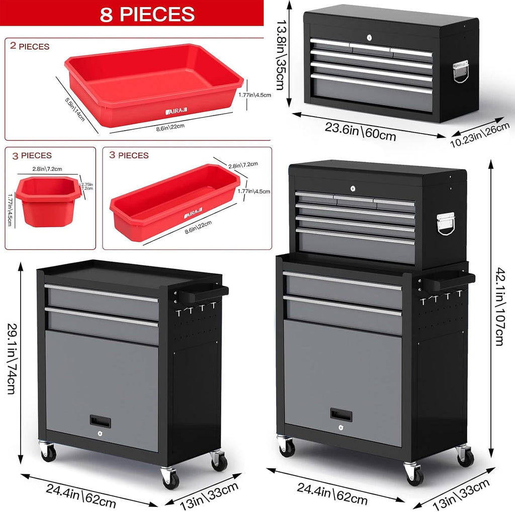 8-Drawer Rolling Tool Chest,42' Large Tool Box with Drawers,Lockable Wheels,2-in-1 Detachable Top Mechanic Tool Storage Box,for Garages, Workshops,Repair Shops (with Parts Box and Hooks)