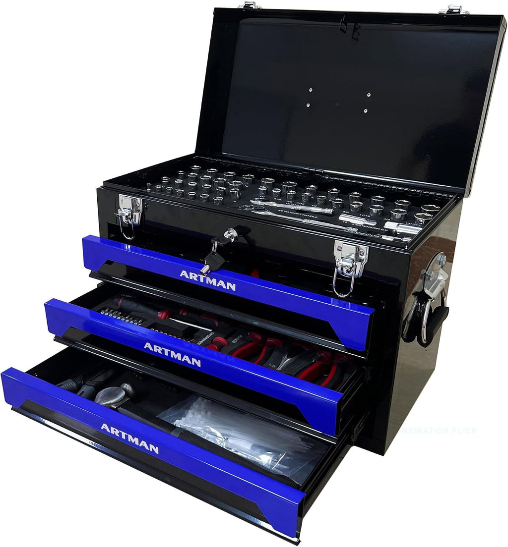 20' Portable 3 Drawer Steel Toolbox,Built in Tool Set,4 Layers of Tools with Metal Latches, with Top Storage Tray and carrying Handle, Multi-Function Tool Storage for Garage, Home,or Workbench