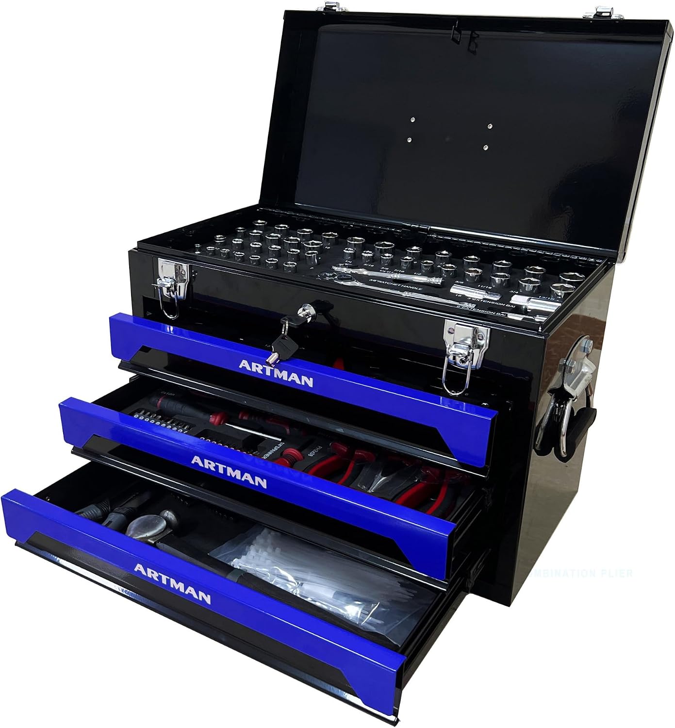 20' Portable 3 Drawer Steel Toolbox,Built in Tool Set,4 Layers of Tools with Metal Latches, with Top Storage Tray and carrying Handle, Multi-Function Tool Storage for Garage, Home,or Workbench
