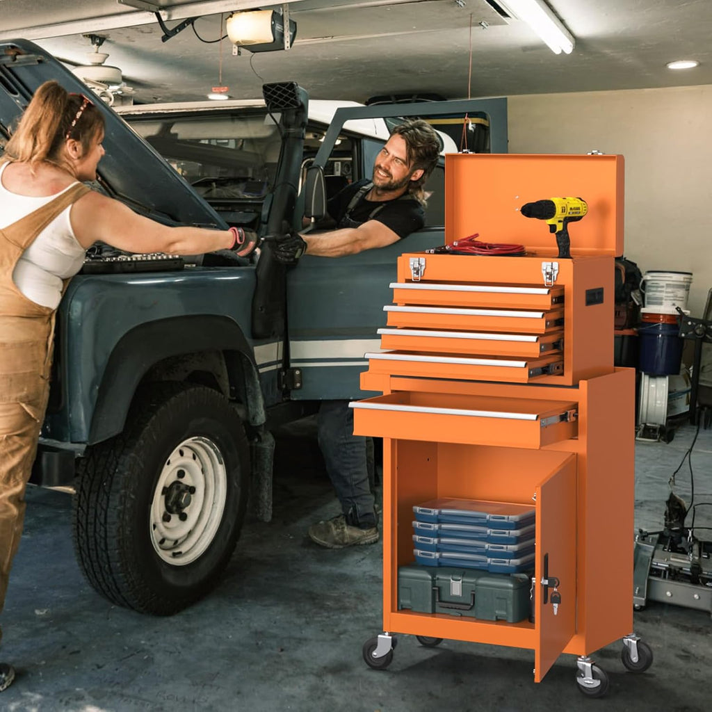 5-Drawers Tool Chest, 2-in-1 Rolling Tool Box with Wheels and Drawers, Detachable Storage Toolbox with Lock, Heavy-Duty Metal Tool Cart for Garage, Workshop (Orange)
