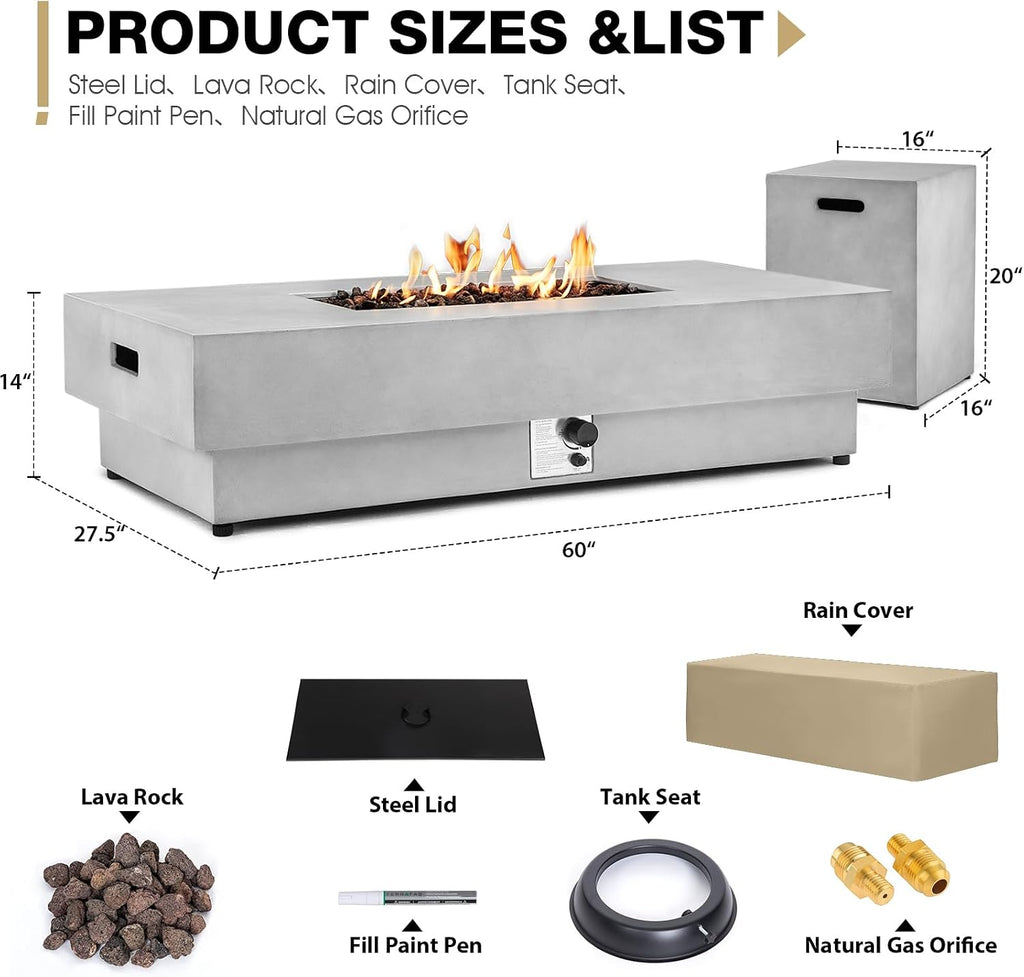 60-inch Fire Pit Table w/Tank Cover, 2-Piece Outdoor Propane/Natural Gas Firepit for Outside Patio, Included SUS201 Rectangle Burner, Auto-Ignition, Metal Lid, Rain Cover（50,000 BTU, Grey）