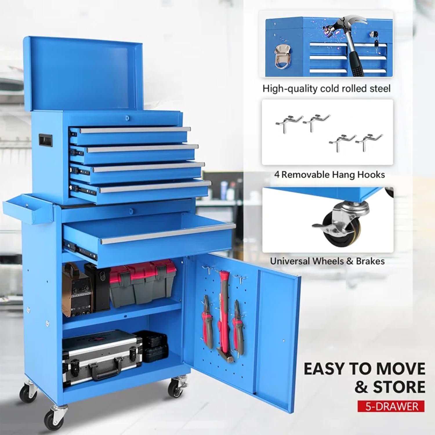 Dawmilon 5-Drawer Rolling Tool Chest, Detachable Top Tool Box, Lockable Metal Tool Cabinet with Wheels, Adjustable Shelf and Liner for Garage Workshop Storage, Blue