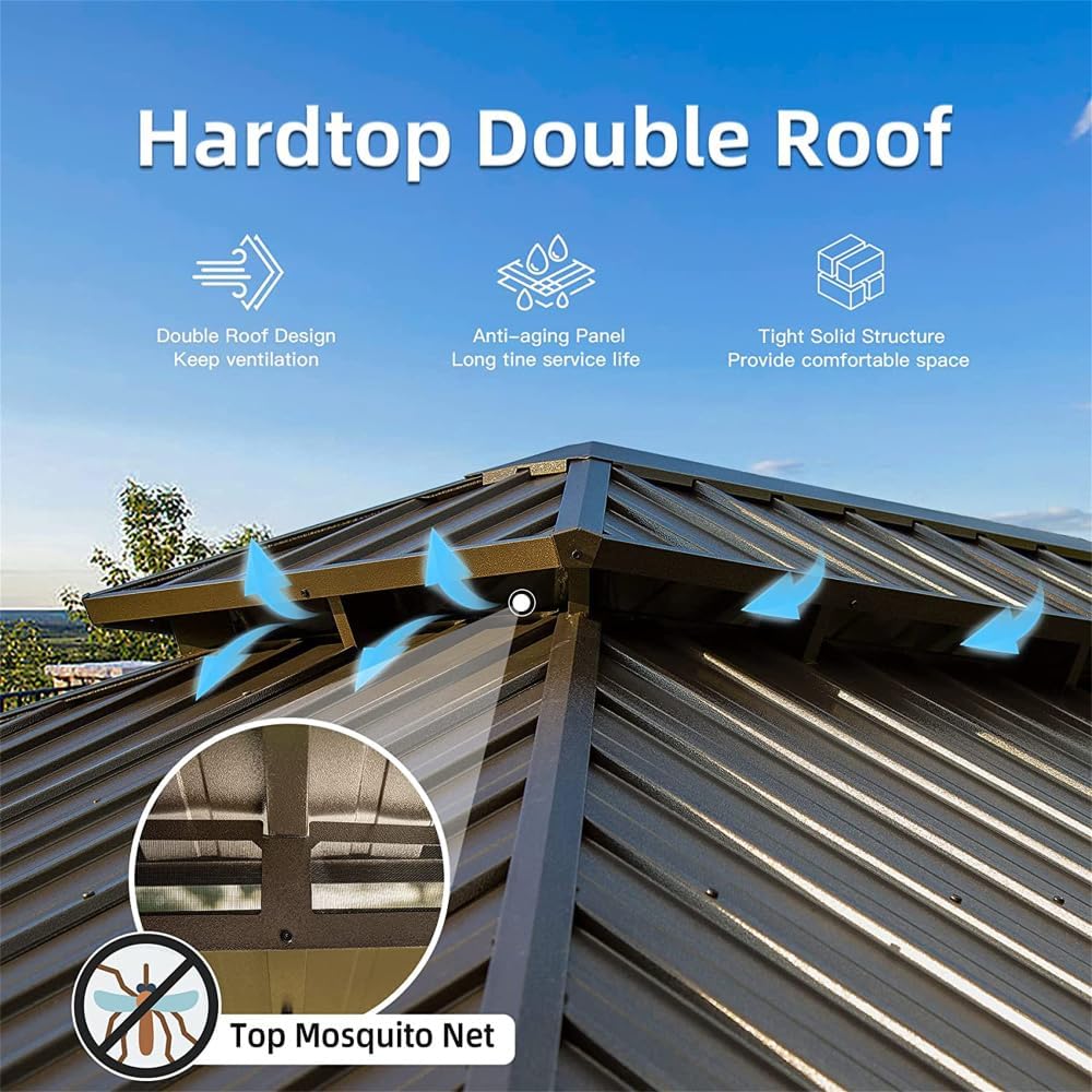 12x16 ft Hardtop Gazebo with Double Roof Canopy for Backyard Patio Deck Outdoor Use Aluminum Frame with Wood Grain Finish