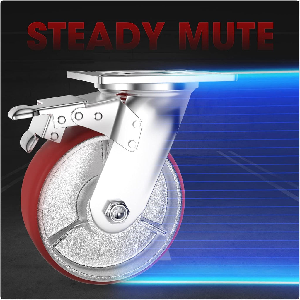 Casters Set of 4 Heavy Duty 6 inch Caster Wheels - ASRINIEY Locking Casters with No Noise Polyurethane on Steel Wheels, Swivel Plate Caster with Brake for Toolbox Workbench, 5000 lbs Total Capacity