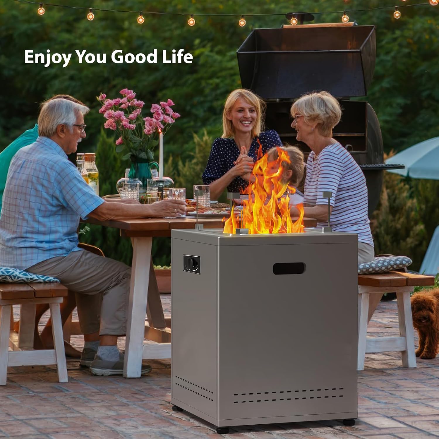 20' Square Smokeless Propane Fire Pit Table, 50,000 BTU Portable Outdoor Patio Heater with Lava Rocks, Glass Wind Guard & Cover for Deck, Backyard, Garden, Camping (Grey)