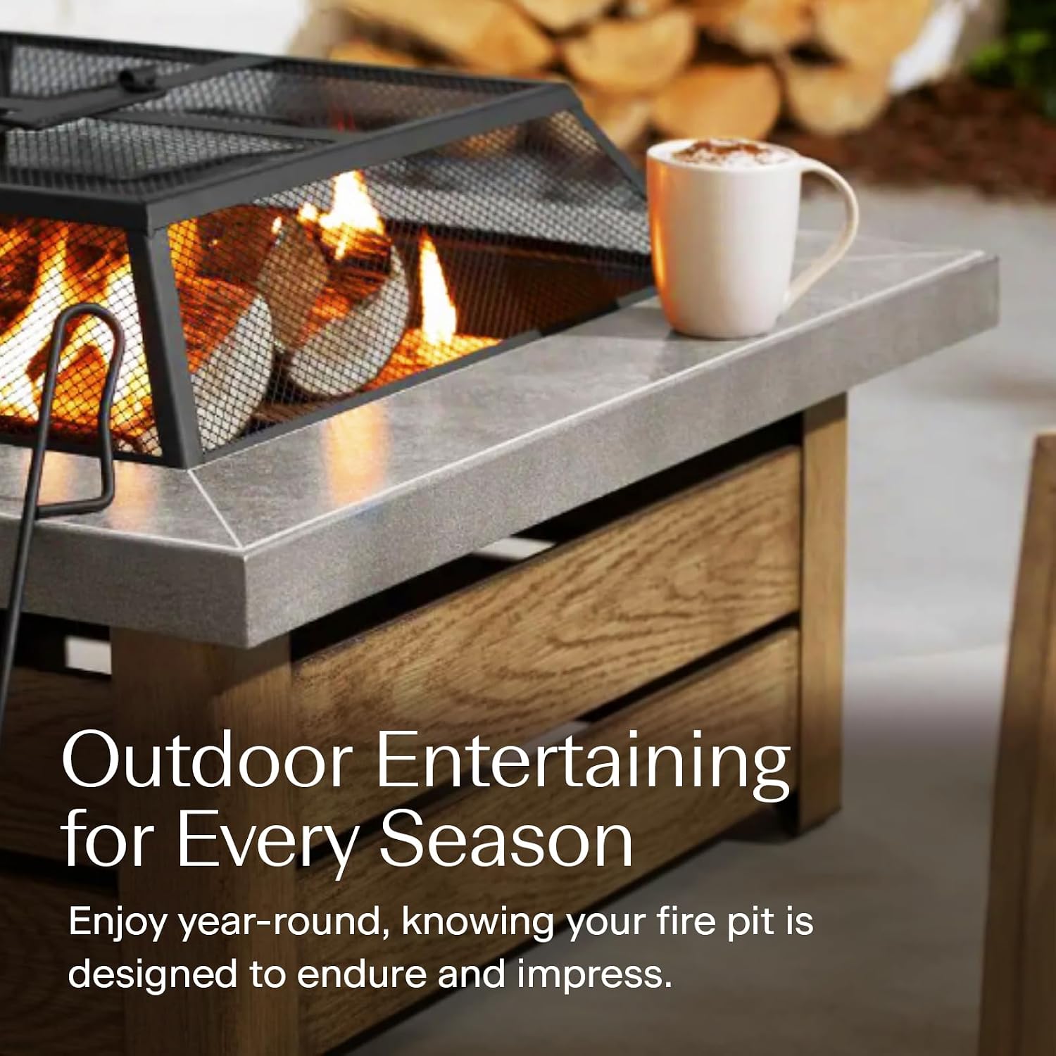 Honeycomb Outdoor Edisto Wood Burning Fire Pit with Cover and Poker, White Frame with Wood Grain Finish, Ceramic Tile Tabletop