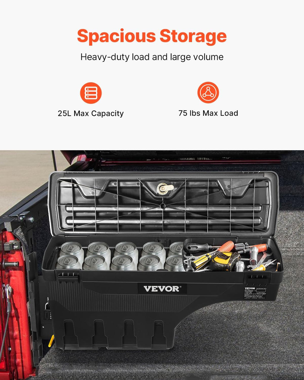 VEVOR Truck Bed Storage Box, Lockable with Password Padlock, 6.6 Gal/25 L ABS Wheel Well Tool Box, Waterproof and Durable, Compatible with Ford F-150 2015-2021, Drivers Side (Left)