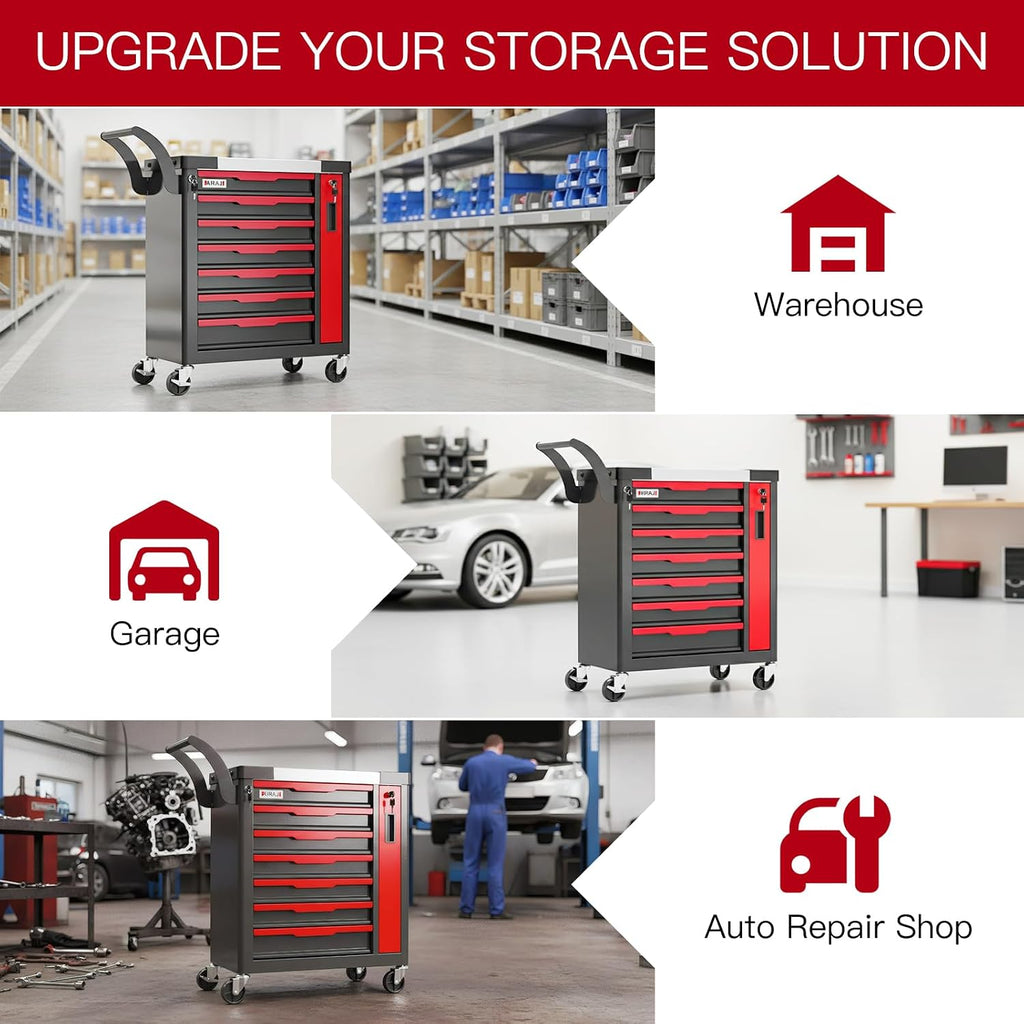 Tool Chest 7-Drawer | Rolling Tool Chest with Wheels/Side Drawer | Drawers Integrated Lockable | Tool Cart/Cabinet with Drawers for Garage Storage,Workshop | Safety Rounded Corner Anti-collision | Red