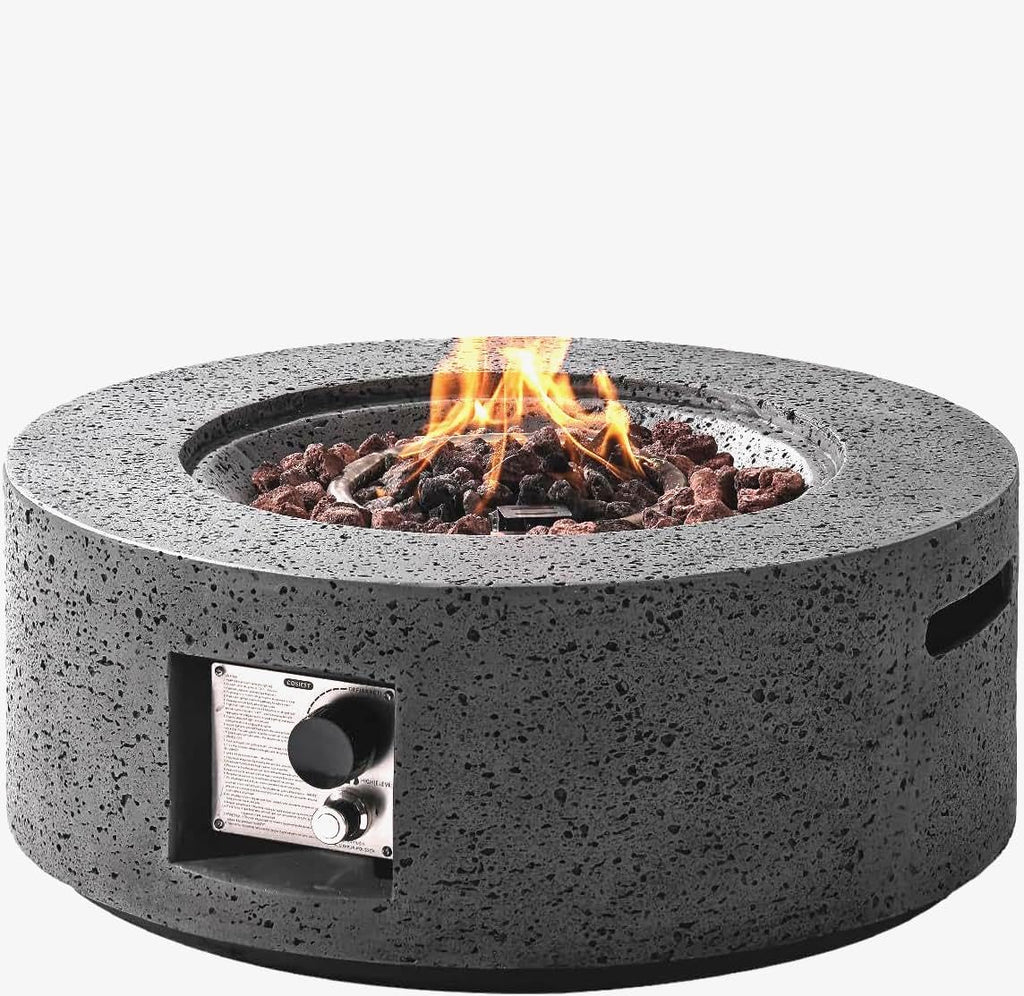 SUNBURY Outdoor Travertine Fire Pit Table, 28 inches Round Propane Gas Patio Fire Pit 40,000 BTU Concrete, Circular Base Small Firepit with Lava Rocks, Waterproof Cover (Grey)