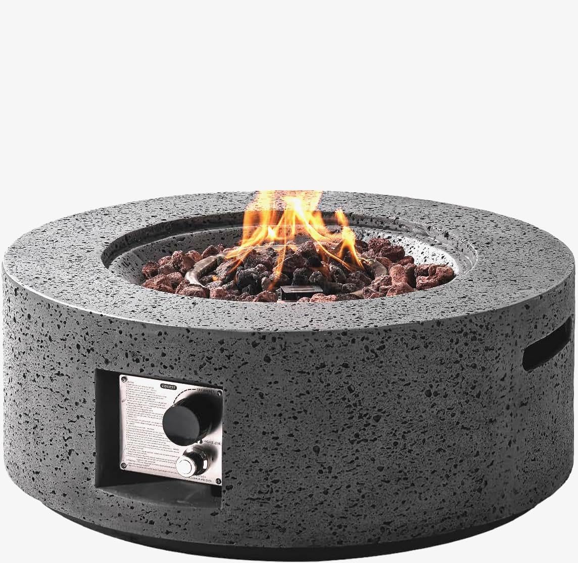 SUNBURY Outdoor Travertine Fire Pit Table, 28 inches Round Propane Gas Patio Fire Pit 40,000 BTU Concrete, Circular Base Small Firepit with Lava Rocks, Waterproof Cover (Grey)