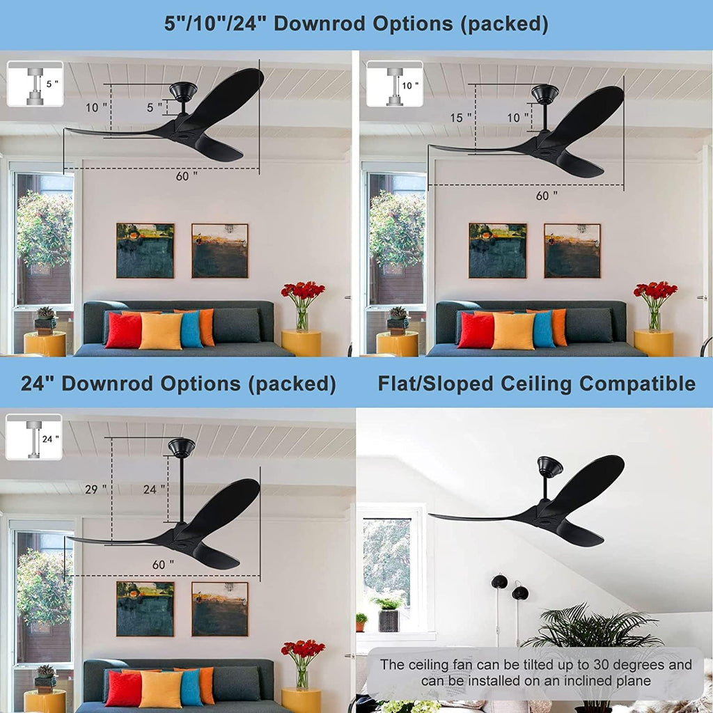 Black Ceiling Fan 52 Inch Outdoor Ceiling Fan for Patios, Modern Wood Ceiling Fan No Light with Remote, 3 Blade Large Airflow Indoor Outdoor Commercial Fan for Exterior House Porch Gazebo