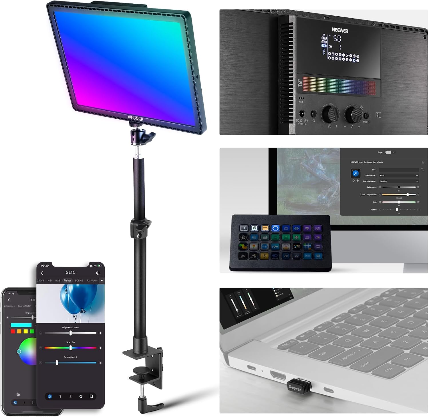 NEEWER GL1C RGB 15.5' Key Light, 48W Edge Lit Soft LED Video Panel Streaming Gaming Lighting with 2.4G PC/Mac iOS/Android APP/WiFi/Stream Deck Control, Touch Bar, 2900K-7000K, Music Sync, 18 Scenes