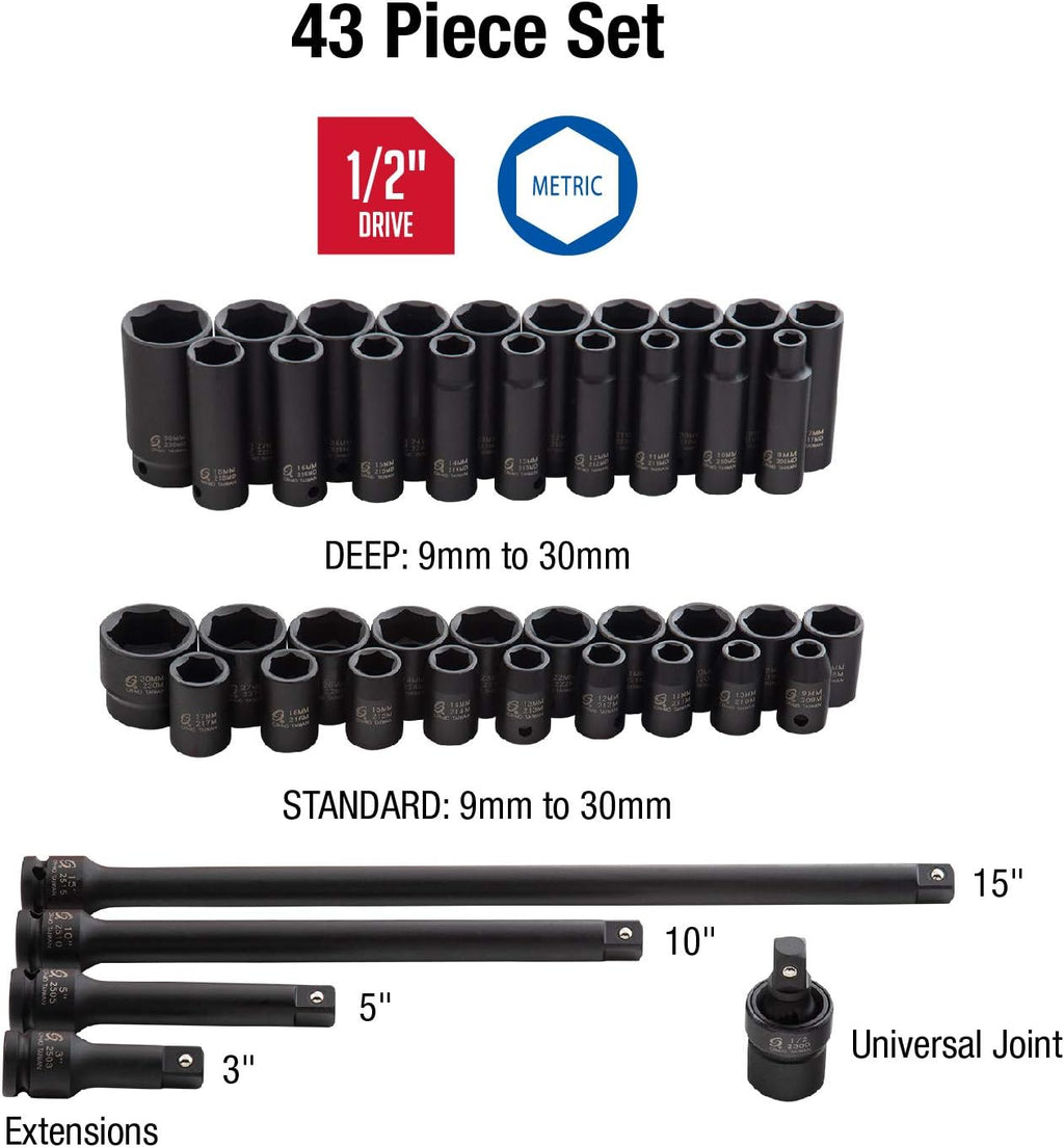 Sunex 2569, 1/2' Drive Master Impact Socket Set, 43Piece, Metric, 9mm - 30mm, Standard/Deep, Cr-Mo Alloy Steel, Radius Corner Design, Heavy Duty Storage Case, Universal Joint & Impact Extensions