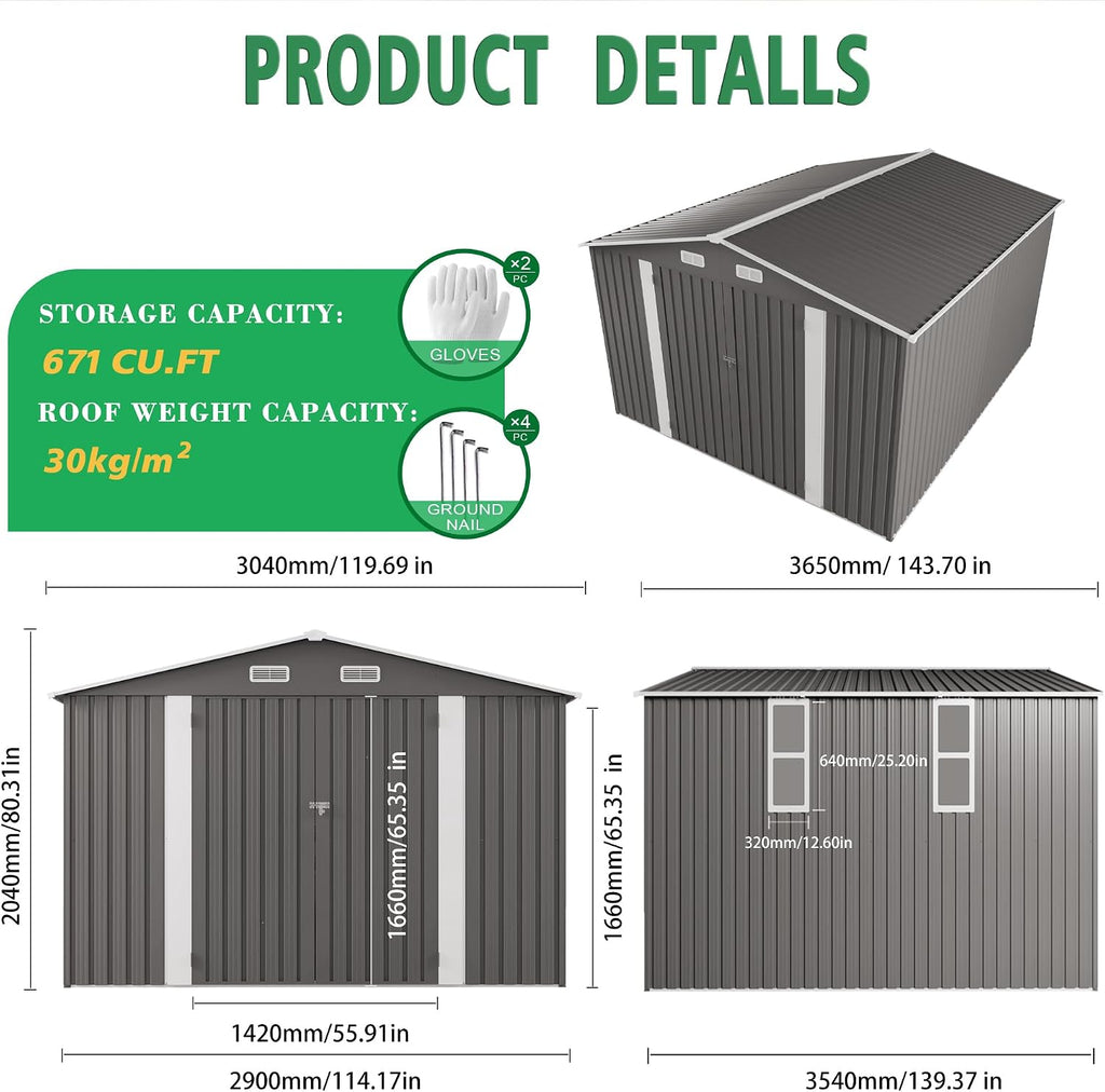10x12 FT Outdoor Metal Storage Shed, Large Garden Backyard Tool Shed with Lockable Door, Windows and Vents, Multi-Purpose Outside Bike Storage Sheds for Patio, Lawn, Poolside, Generator, Gray