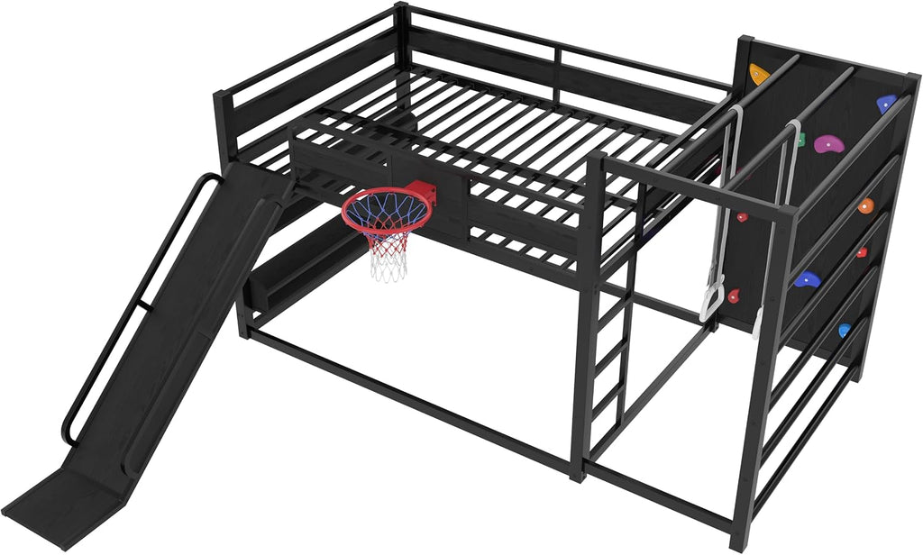 SOFTSEA Full Size Metal Loft Bed with Slide, Heavy Duty Bunk Bed with Bookshelves, Basketball Hoop, Climbing Wall & Pull Up Rings for Kids Teens, Playful Basketball Slide Bed Loft Bed Frame, Black