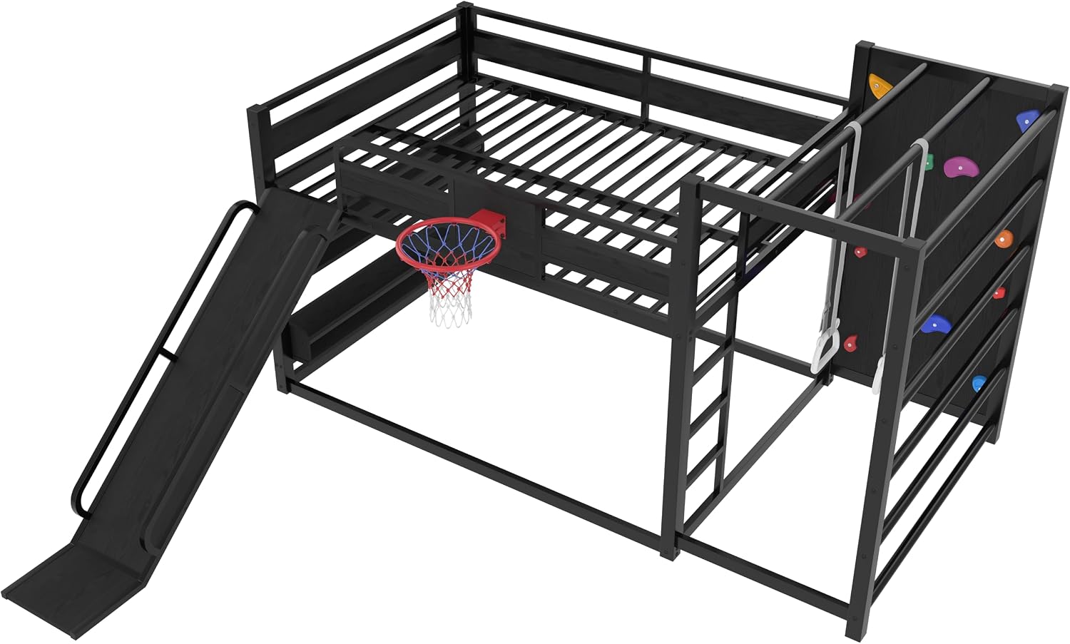 SOFTSEA Full Size Metal Loft Bed with Slide, Heavy Duty Bunk Bed with Bookshelves, Basketball Hoop, Climbing Wall & Pull Up Rings for Kids Teens, Playful Basketball Slide Bed Loft Bed Frame, Black