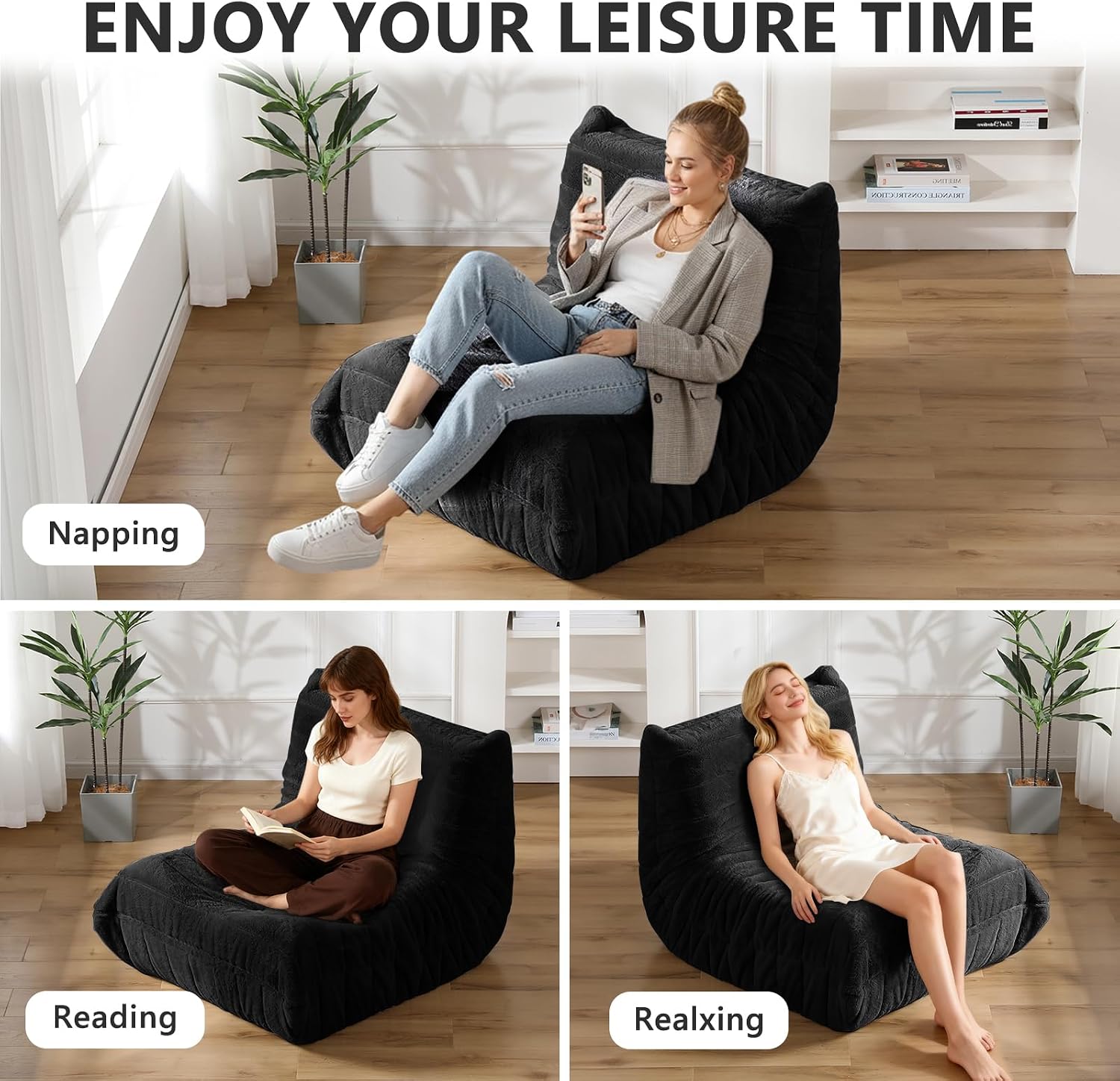 Bean Bag Chair for Adults, Giant Bean Bag Sofa Oversized Beanbag Chairs, Fireside Bean Bag Couch with High Density Sponge Filled Large Bean Bags Chair for Apartment Living Room Bedroom, Black