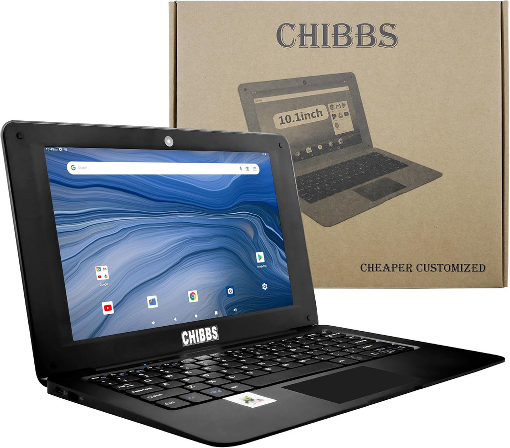CHIBBS 10.1' Inch Kids Laptop Computer Powered by Android 12, Quad core Processor, 2gb Ram + 64gb ROM, Camera, Bluetooth, 2* USB, Wi-Fi- Black