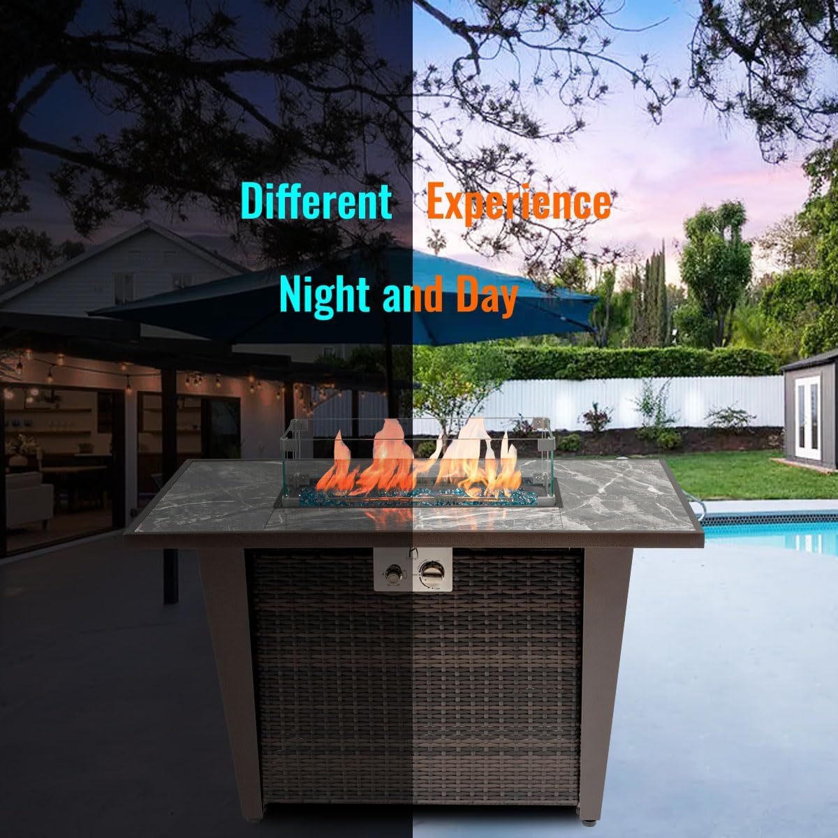 42'' Propane Fire Pit Table, Marble Tile Ceramic Tabletop with Glass Wind Guard, 50,000 BTU Fire Table with Inclined Leg and Art Powder Design, Blue Glass Rocks, Including Lid&Cover, Brown