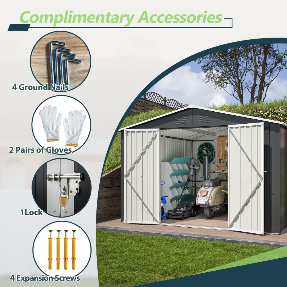 Large Outdoor Storage Shed 10x12 FT, Heavy-Duty Metal Garden Tool Organizer with Lockable Doors and Weather-Resistant Roof for Backyard (10x10 ft Black)