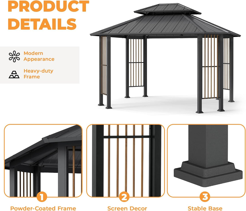 HAPPATIO 11' x 13 Outdoor Octagon Gazebo, Outdoor Pavilion Hardtop Gazebo with Double Tiered Ventilated Roof, Dual Rails and Ceiling Hook for Patio, Garden, Backyard Shade