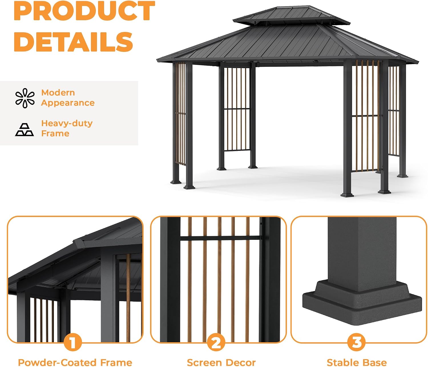HAPPATIO 11' x 13 Outdoor Octagon Gazebo, Outdoor Pavilion Hardtop Gazebo with Double Tiered Ventilated Roof, Dual Rails and Ceiling Hook for Patio, Garden, Backyard Shade