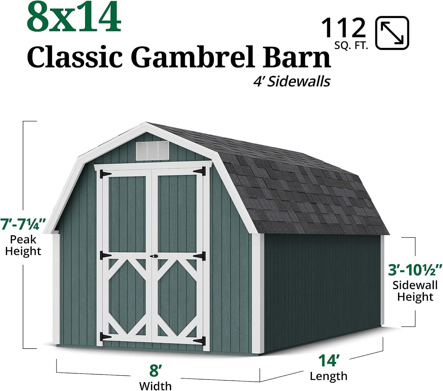 Little Cottage Co. 8x14 Classic Gambrel Barn with 4 ft. Sidewalls with Floor, Outdoor Wood Storage Shed Do-It-Yourself Precut Kit
