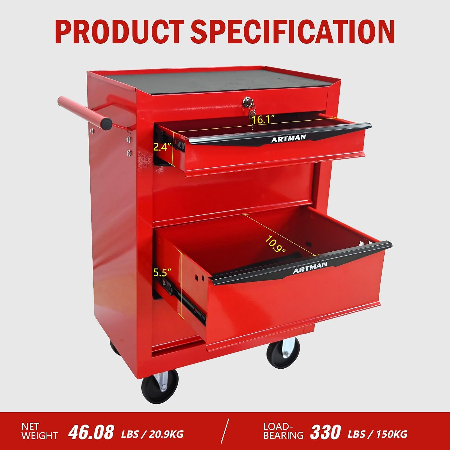 4 Drawers Tool Cart on Wheels, Multifunctional Rolling Tool Chest, Drawers Mobile Trolley Organizer Heavy Duty Tools Box with Locking Wheels & Ball Bearing Drawers (Red, 4 Drawers)