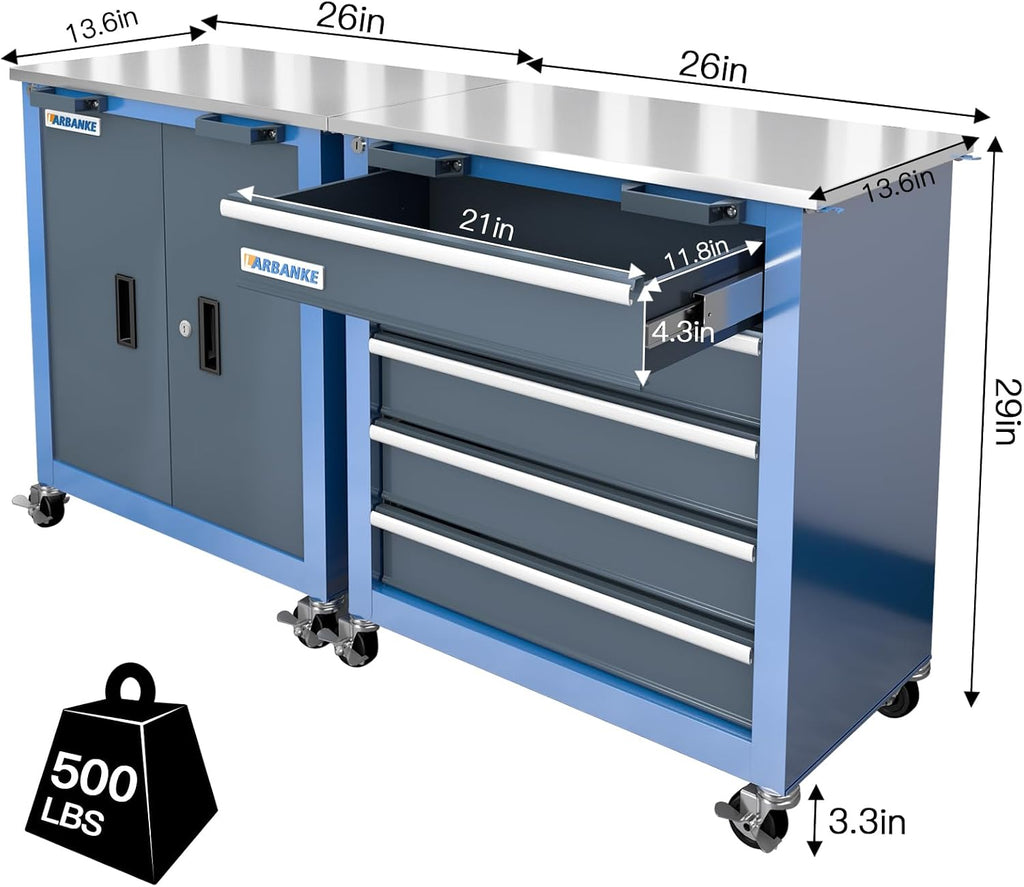 LARBANKE Combination Tool Chest with Lock,5-Drawer/2 Door Tool Cabinet can be Interconnected,Rolling Tool Chest with Wheels and Padded Feet,with Stainless Steel Protective Film Countertop