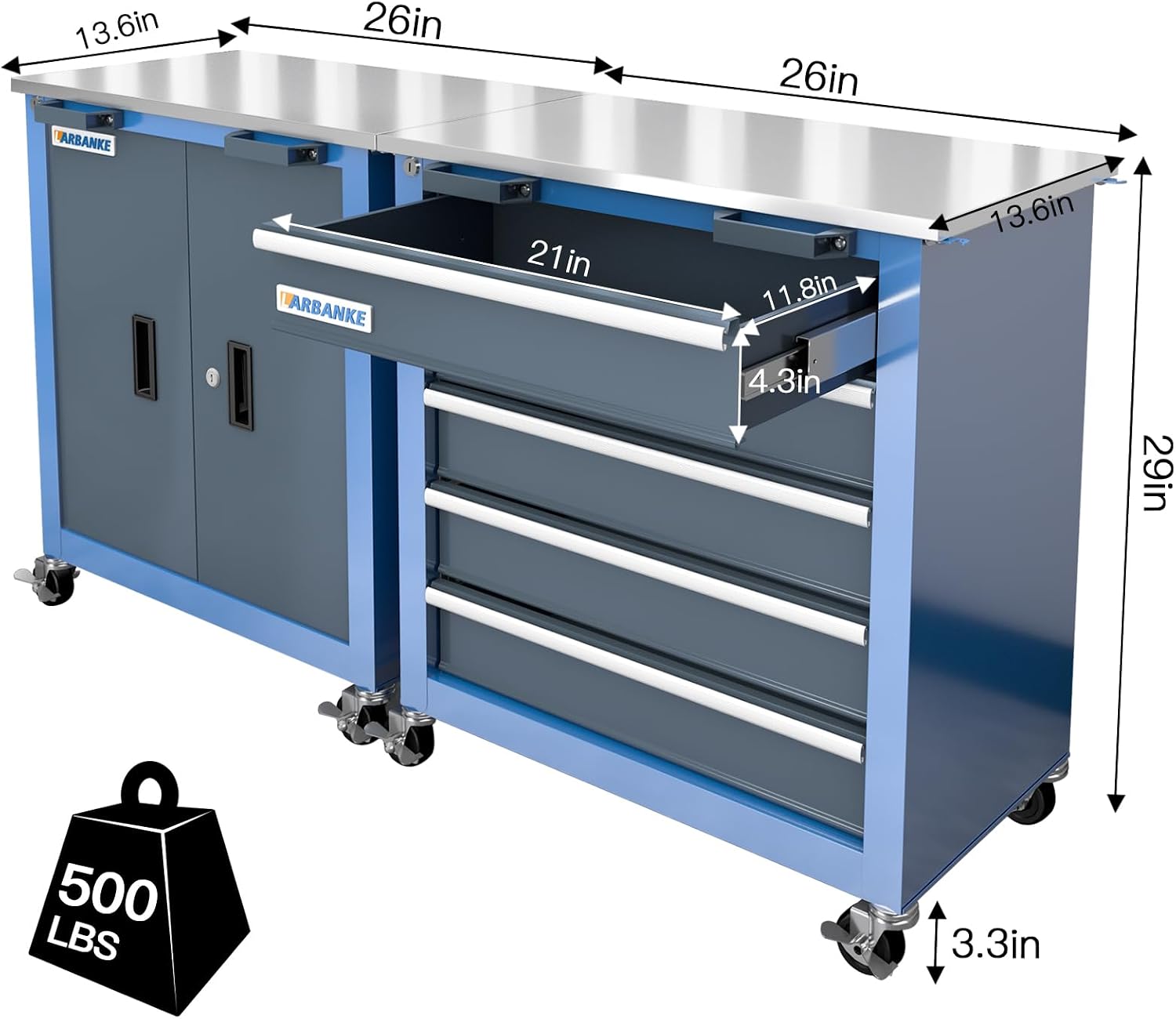 LARBANKE Combination Tool Chest with Lock,5-Drawer/2 Door Tool Cabinet can be Interconnected,Rolling Tool Chest with Wheels and Padded Feet,with Stainless Steel Protective Film Countertop