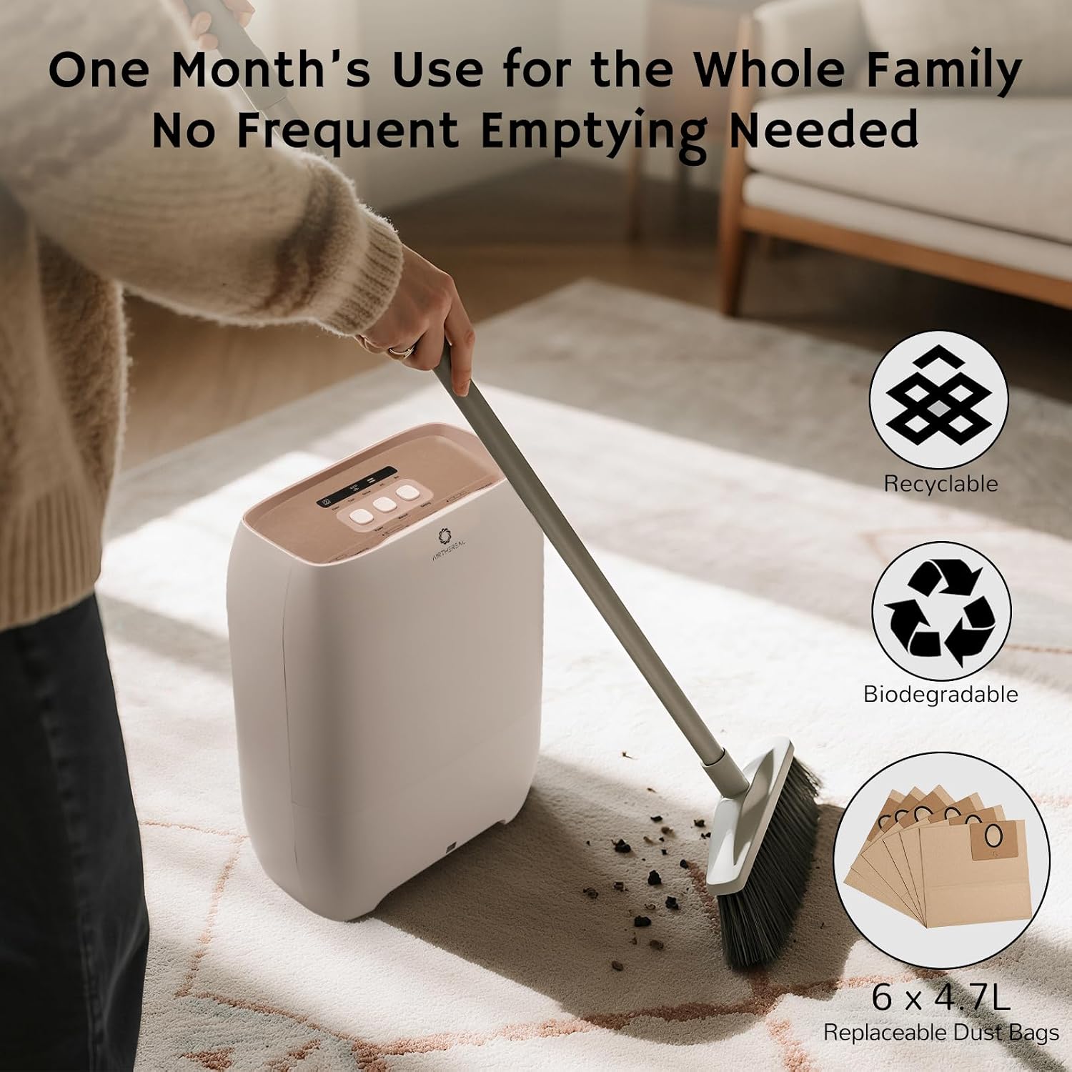 AIRTHEREAL T1 Plus Touchless Vacuum with 6-Pack Disposable 4.7L Dust Bags, Pull-and-Toss Design, Ideal Electric Dustpan for Home, Household Owner